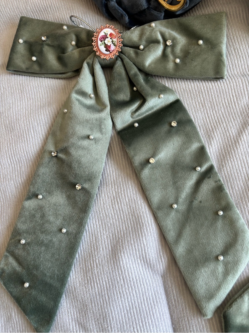 Olive Green Velvet Pearl & Crystal Bow Decoration